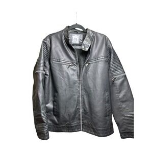 Bleu Grandeur Mens Faux Leather Moto Jacket Black Faux Fur Lined Quilted Large